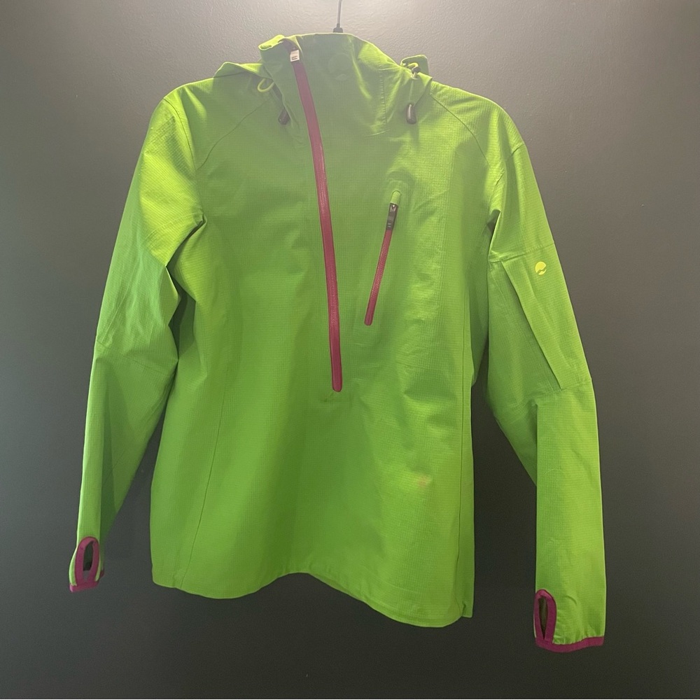 Women's Green Anorak Style Technical Raincoat with Purple Trim